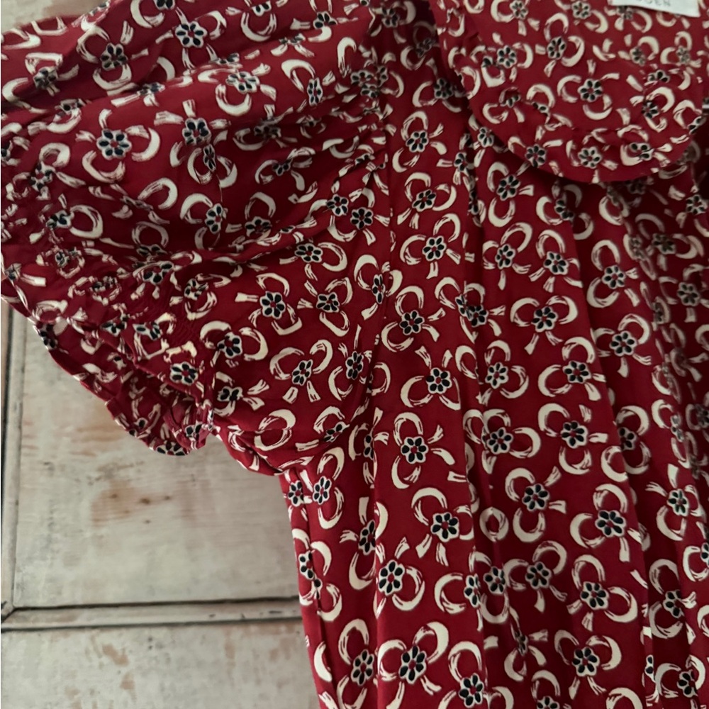 Doên Evienne Dress -- Ameline Ditsy Red Silk Bow Dress,  sz s - Picture 6 of 8